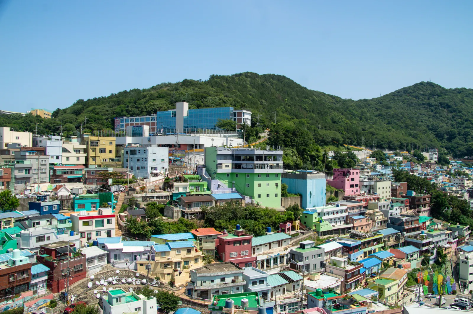 Brightly painted houses covering a steep hillside in Gamcheon, Busan, South Korea