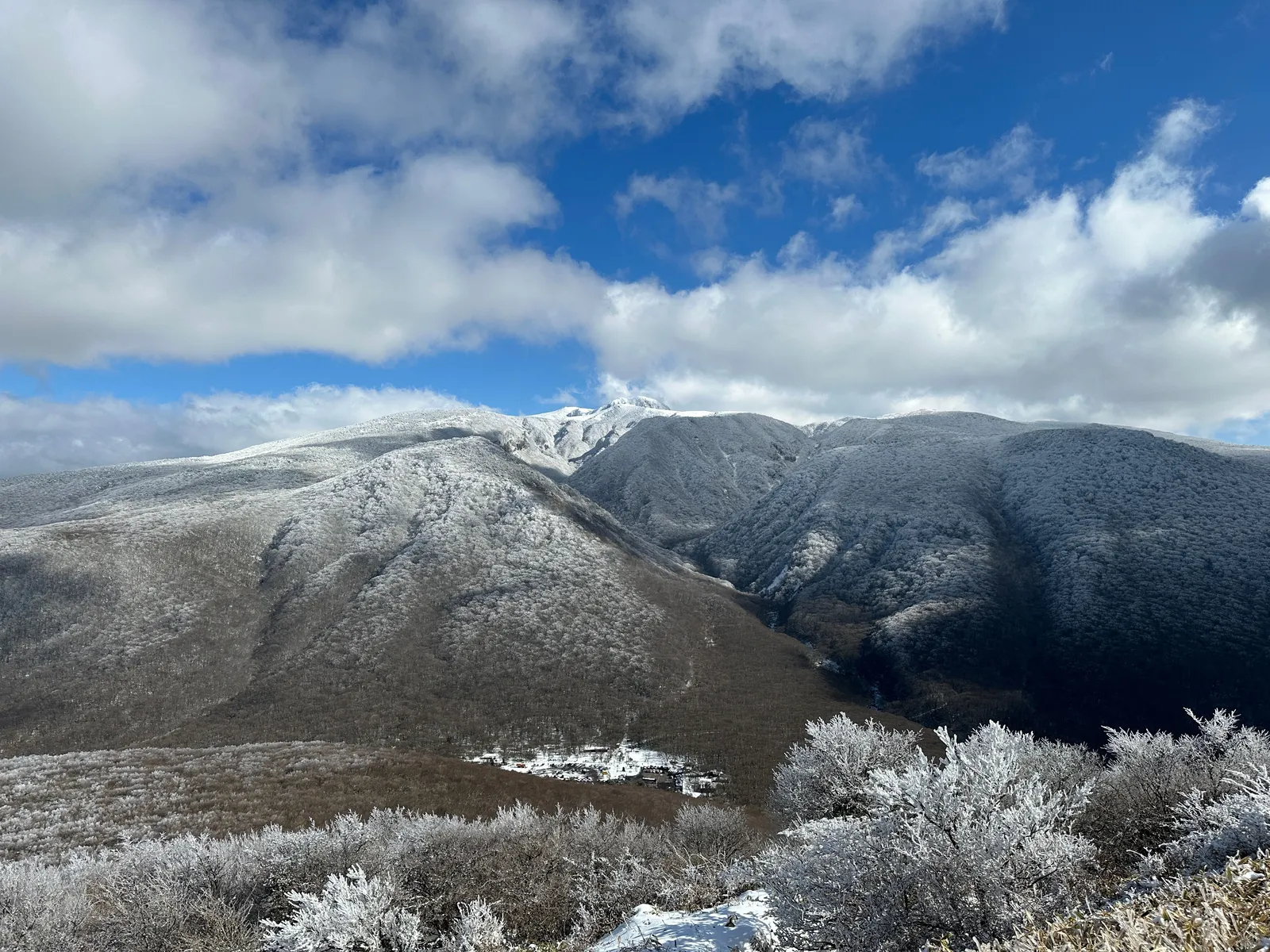 The snow dusted upper slopes of Hallasan mountain on Jeju island, South Korea
