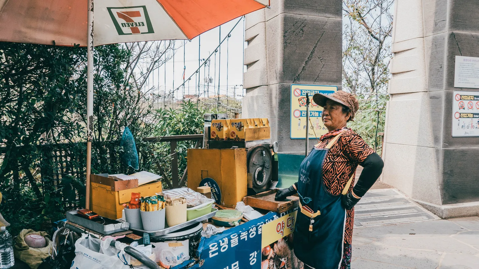 An elderly vendor standing at a roadside food stall with a parasol near a Jeju visitor entrance