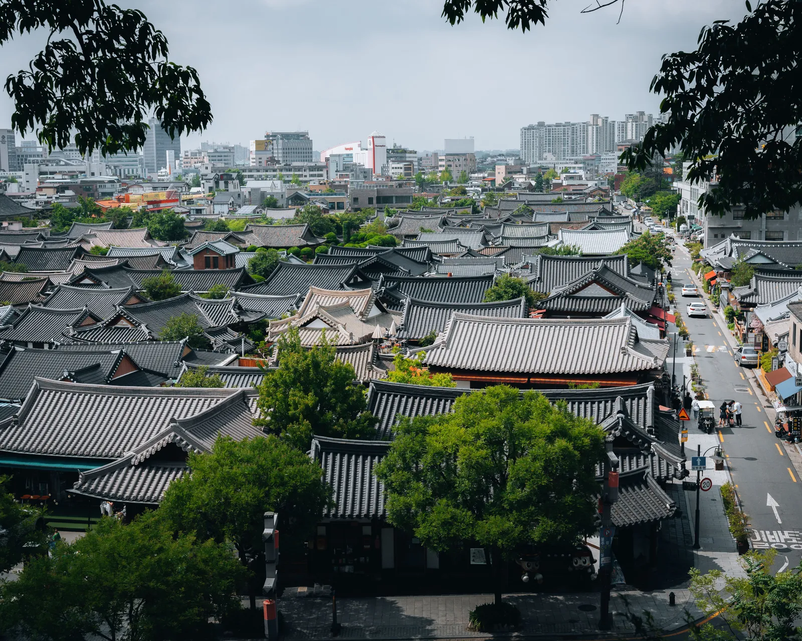 Tiled hanok rooftops of the Jeonju traditional village seen from above, South Korea