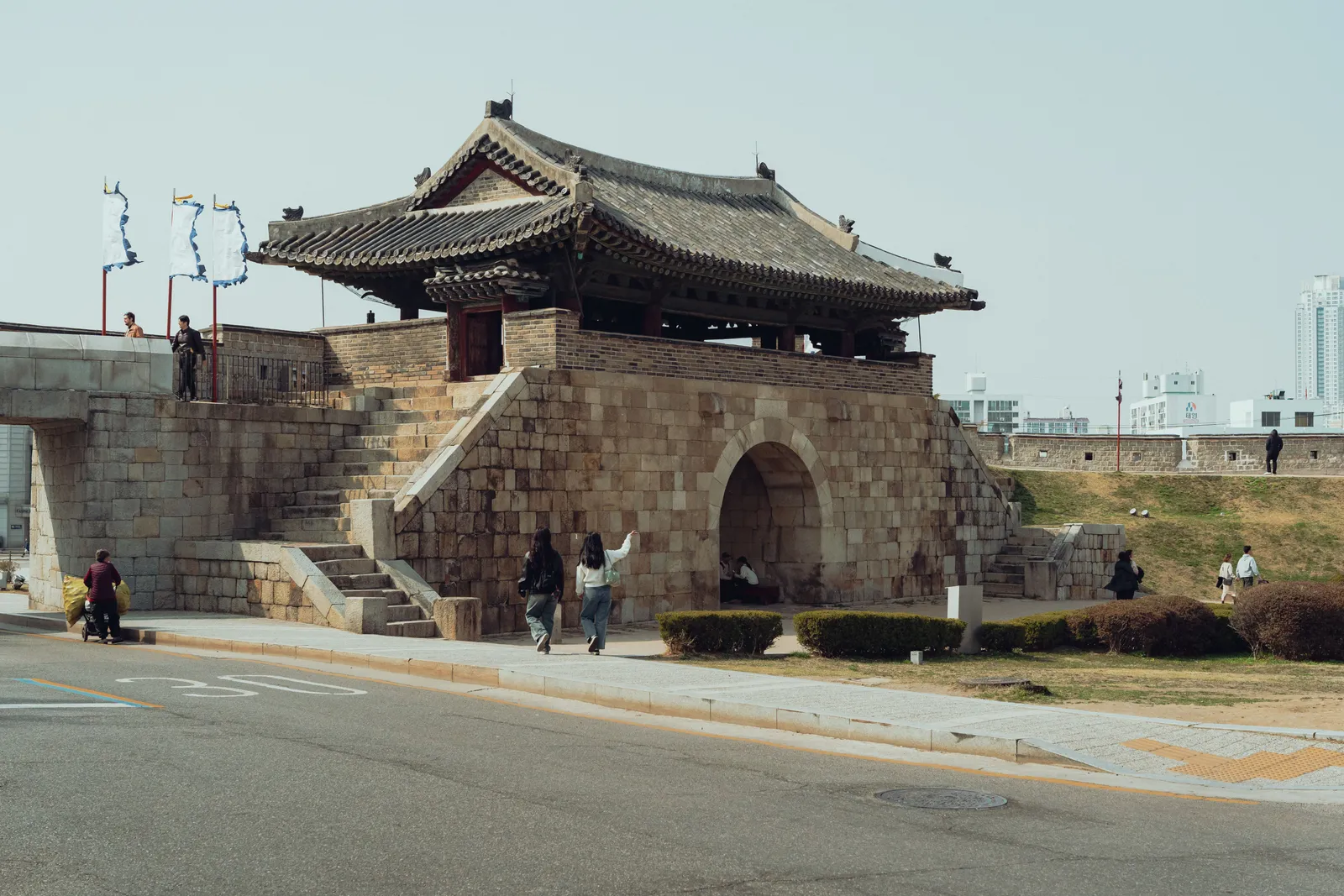 The stone wall and main gate of Hwaseong Fortress in Suwon, South Korea