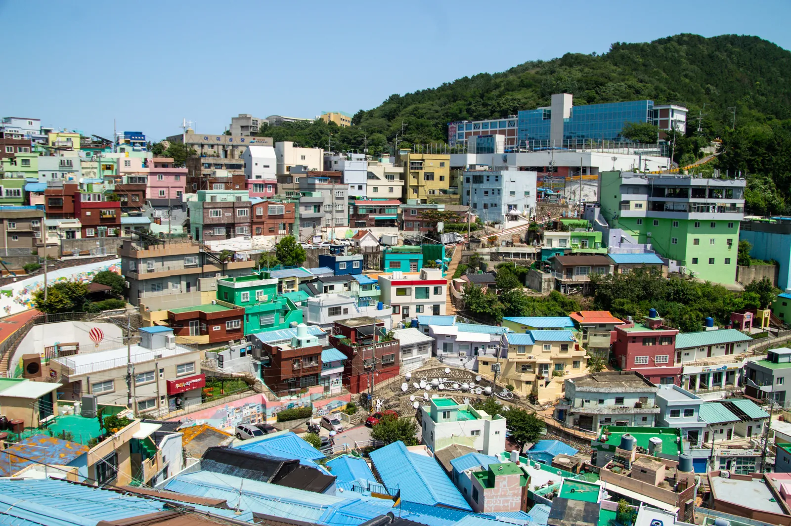 Colourful hillside houses of Gamcheon Culture Village overlooking the sea in Busan, South Korea