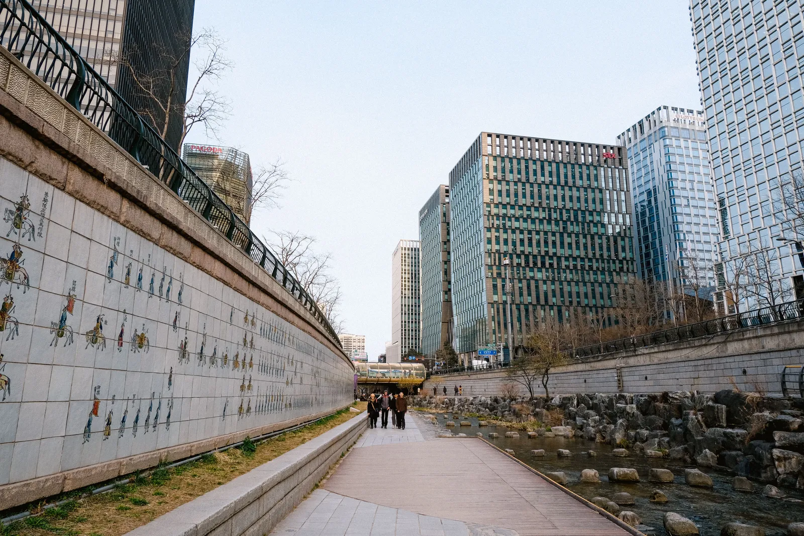 The Cheonggyecheon stream walkway running between office towers in central Seoul, South Korea
