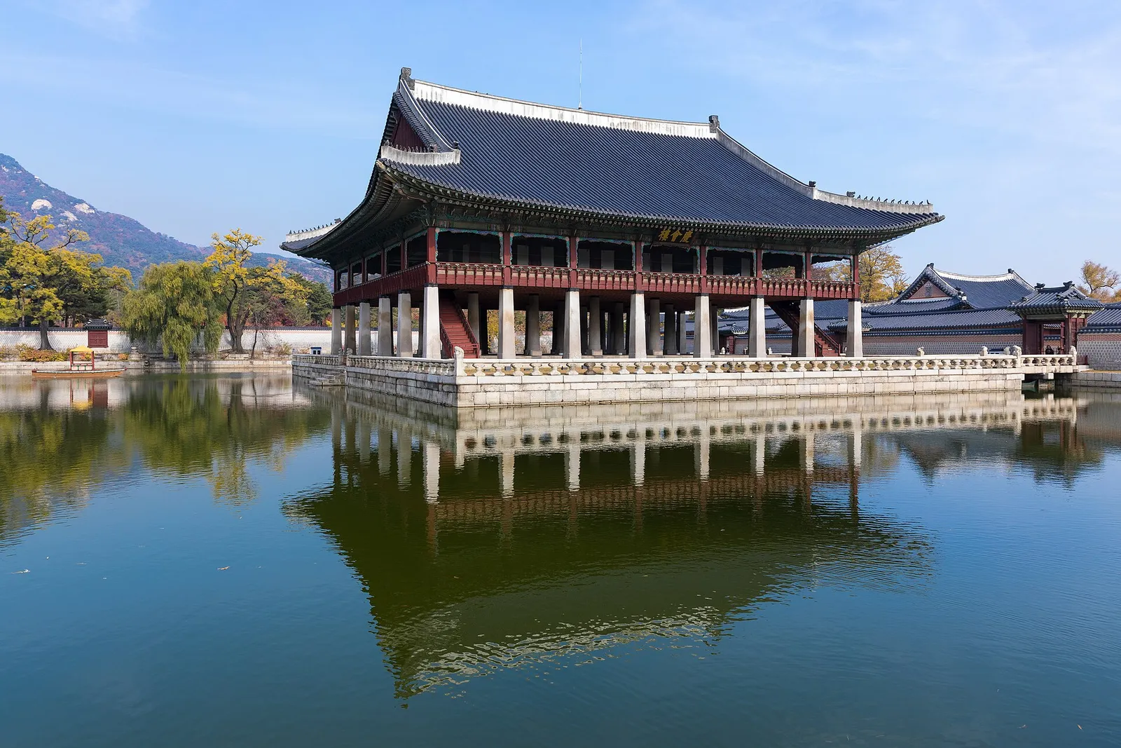 The Gyeonghoeru pavilion reflected in its pond at Gyeongbokgung Palace in Seoul, South Korea