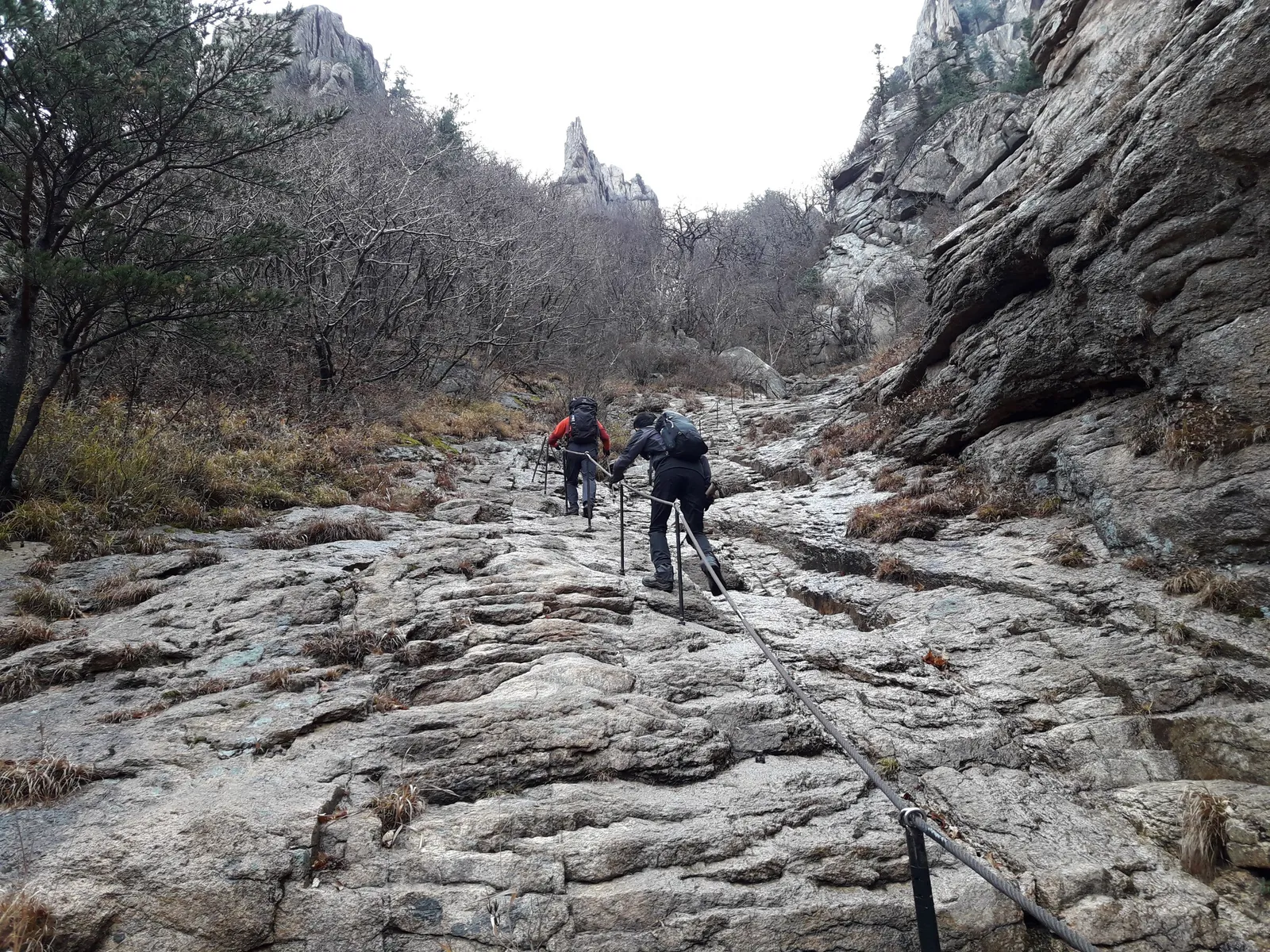 Korean hikers in bright technical clothing climbing stone steps on a mountain trail