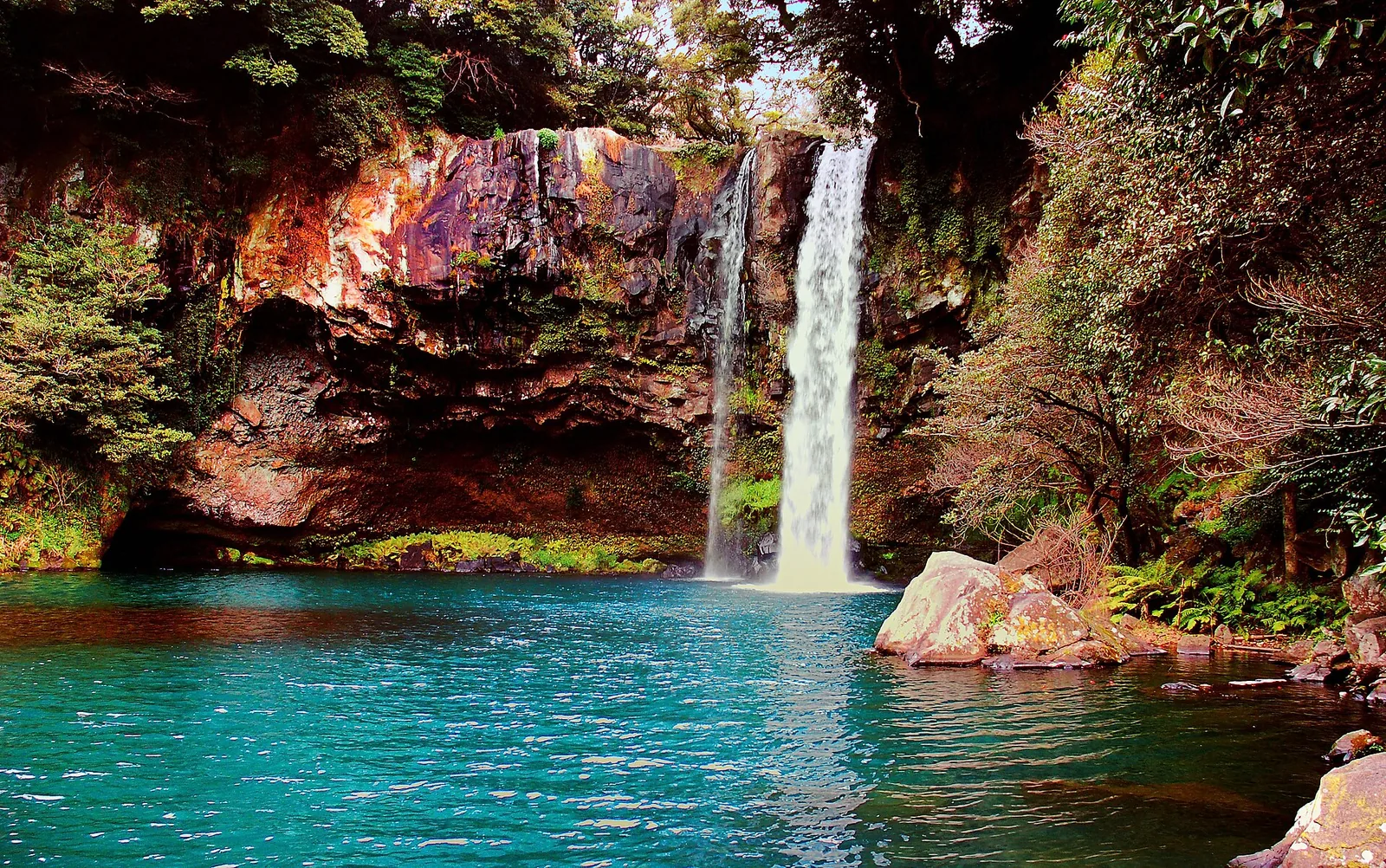 A waterfall falling into a turquoise pool surrounded by rock and trees on Jeju island, South Korea
