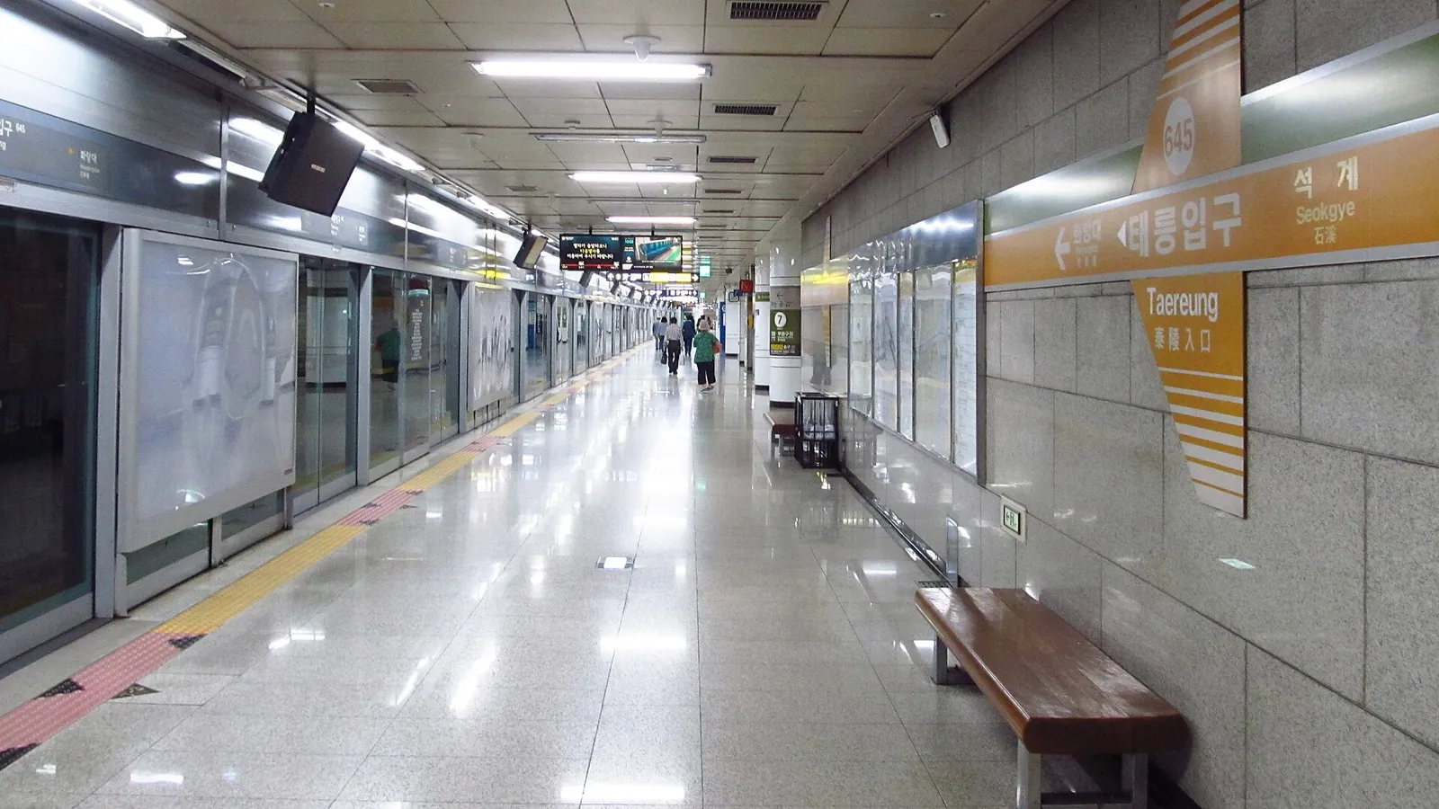 A Seoul metro station platform with screen doors and passengers waiting in South Korea