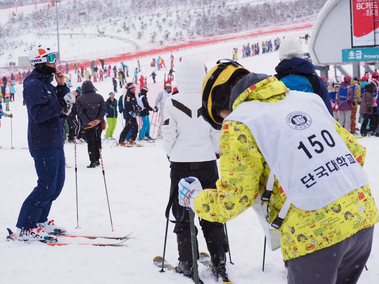 Skiers and snowboarders on a groomed piste at a Korean ski resort, South Korea