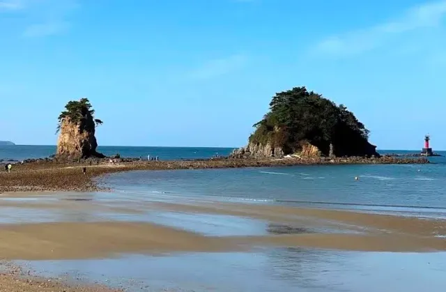 A wet sand beach at low tide with two forested rock outcrops in the shallow water
