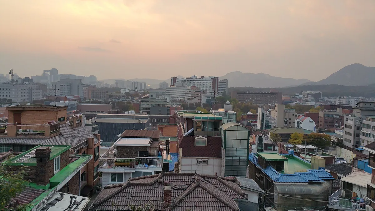 The rooftops of the Ihwa hillside neighbourhood in Seoul at sunset