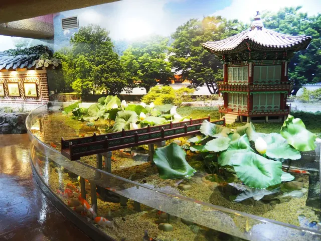 A lotus pool behind glass with a decorated Korean pavilion and fish in the water