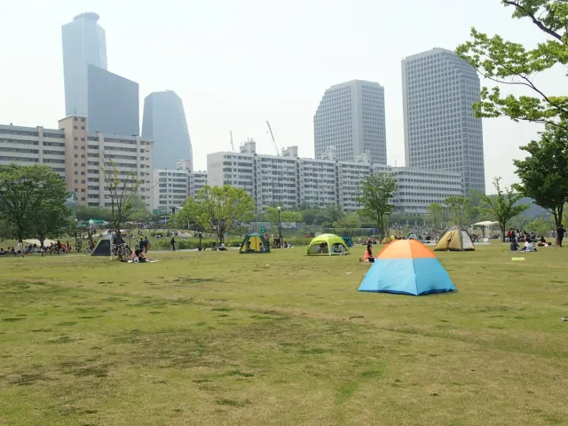 A wide lawn with picnic tents against a backdrop of city towers