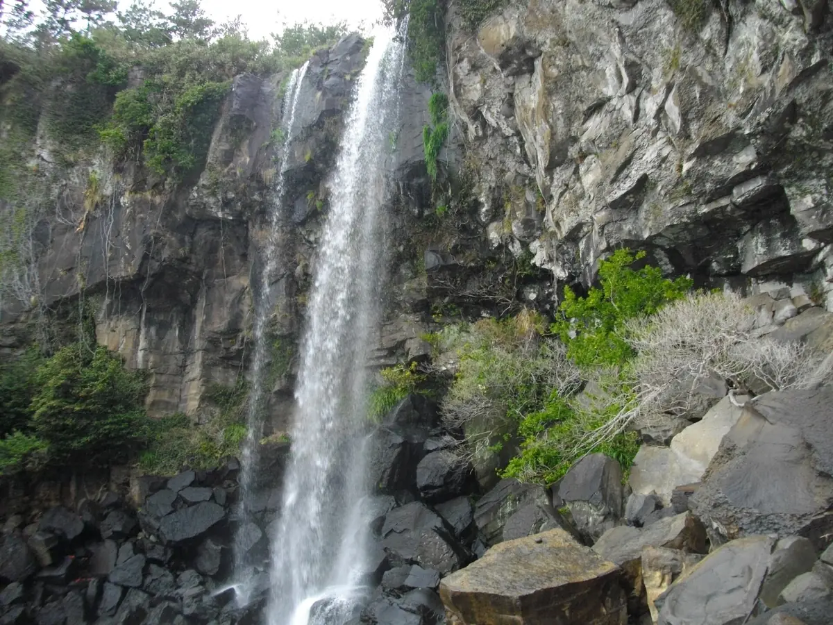 A narrow waterfall pouring down a dark basalt cliff onto black boulders