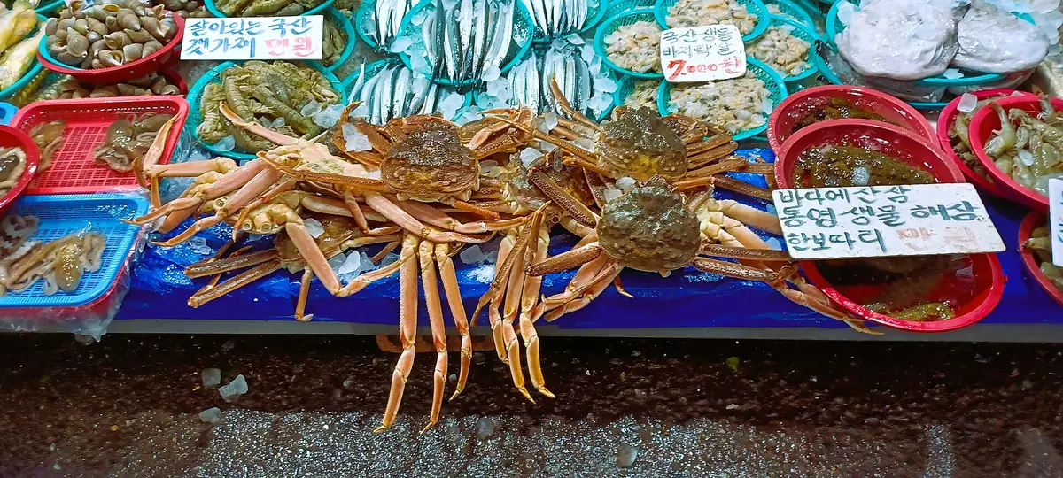 Crabs on a fish stall at Mangwon Market in Seoul, beside the price signs