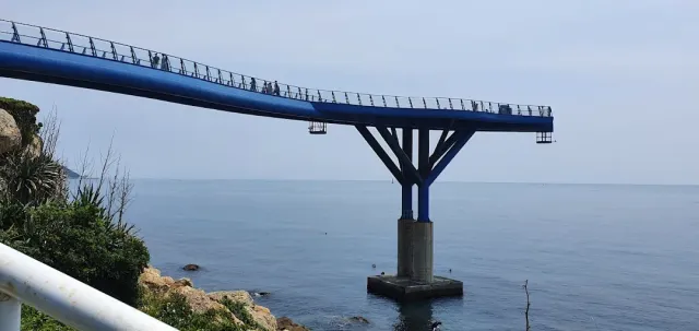 A blue walkway resting on a single concrete pillar above a calm sea, walkers at its end