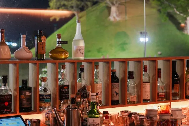 Wooden shelves full of liquor bottles, and beyond the window a green mound lit at night