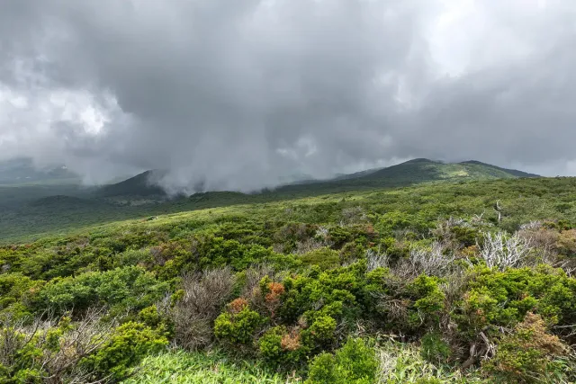 A wide green volcanic slope with low cloud sweeping across it