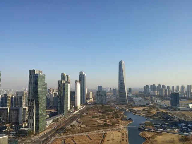 A skyline of modern towers above a wide water canal
