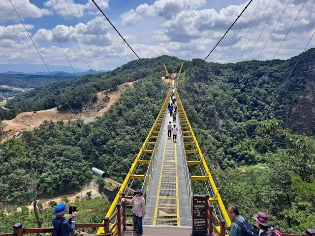 A yellow suspension bridge with a mesh floor over a forested valley, visitors at the entrance