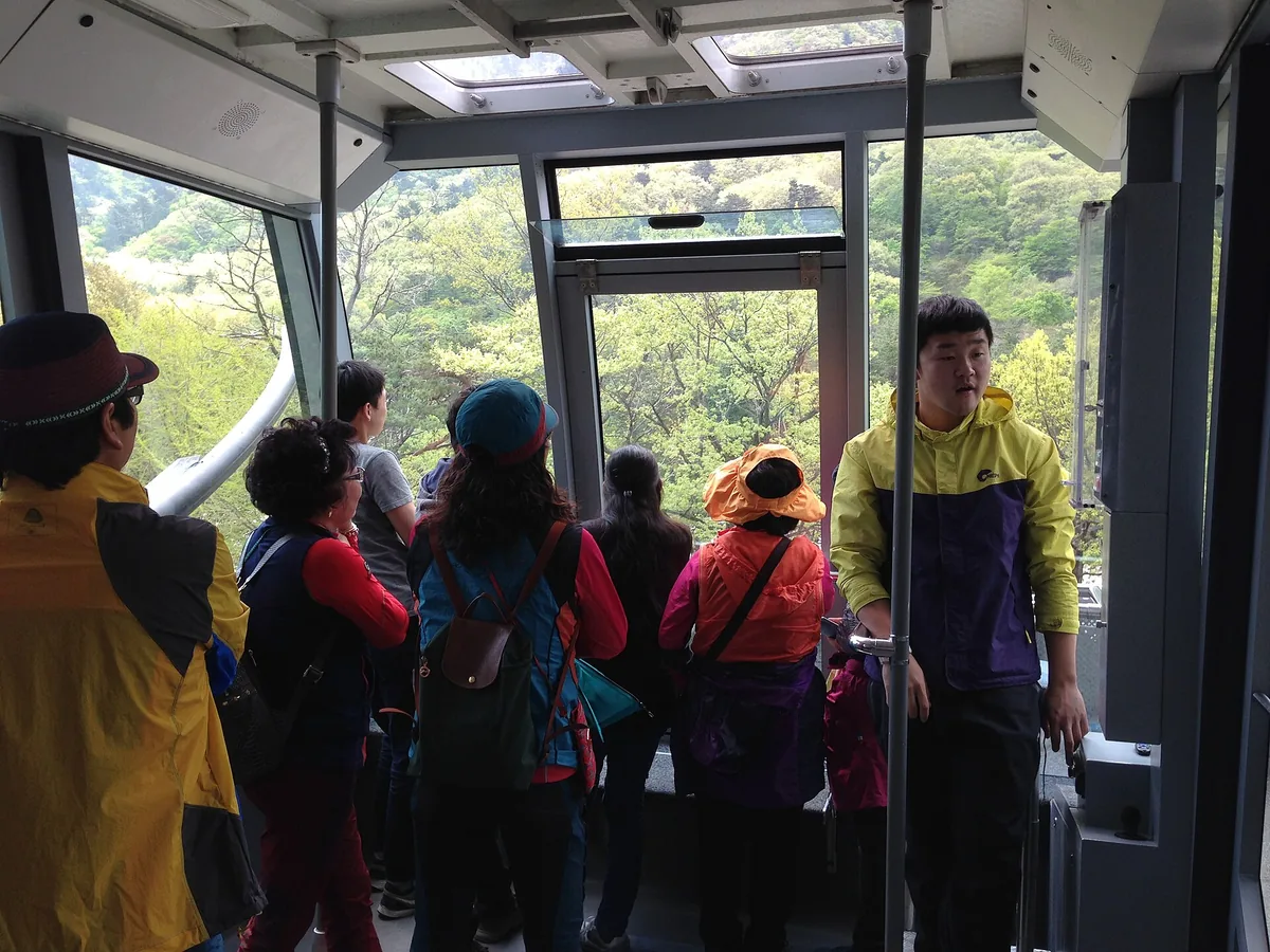Passengers standing inside a cable car cabin looking out at wooded slopes through the windows