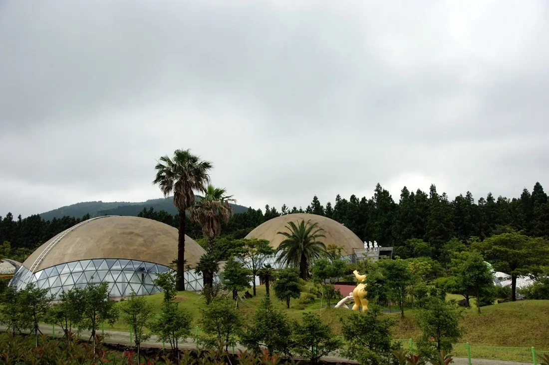 The domed pavilions and lawns in the grounds of Loveland park on Jeju