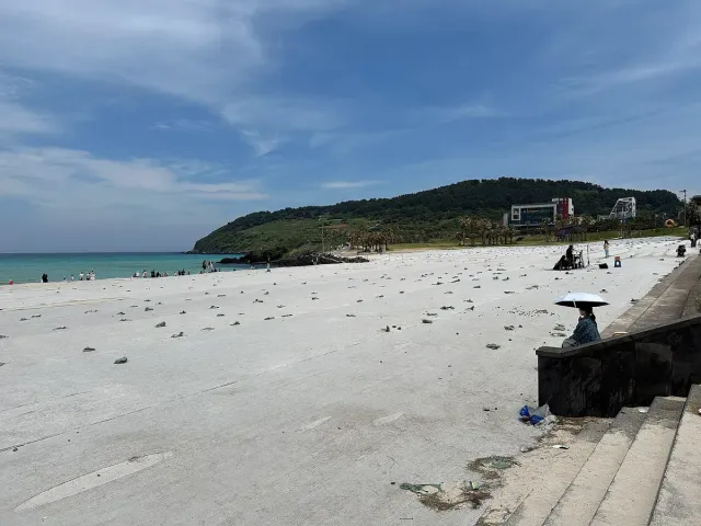 A white sand beach and shallow water with a green headland at the end