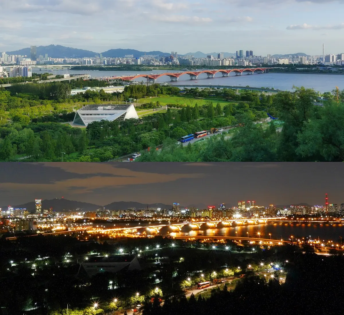 A view from the park hill over the Han river and the lit city at dusk