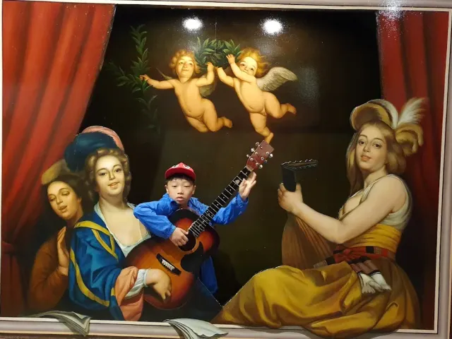 A classical style painting into which a real boy playing a guitar is blended