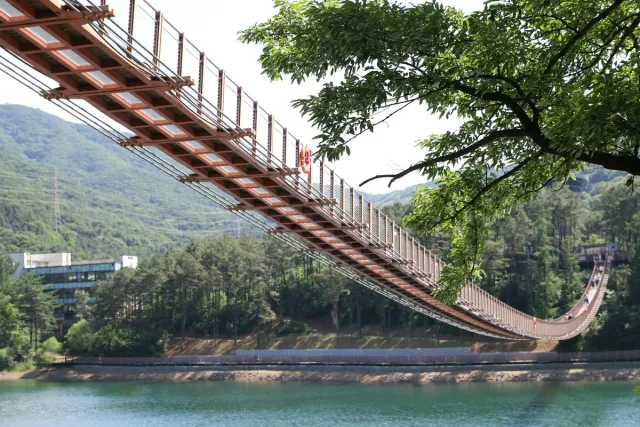A long suspension bridge shot from below above a lake, green foliage in the corner