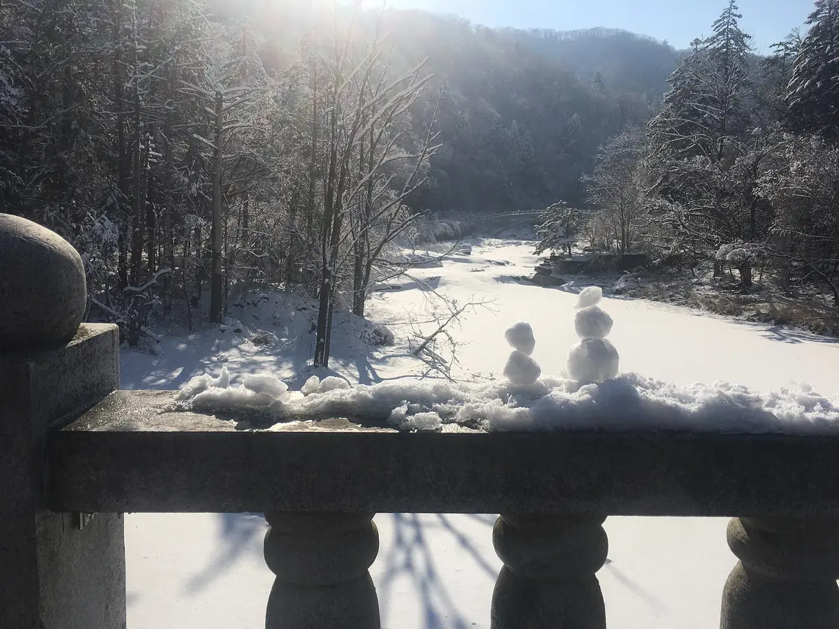A frozen stream and snow covered conifer forest at Odaesan, seen over a stone balustrade in backlight