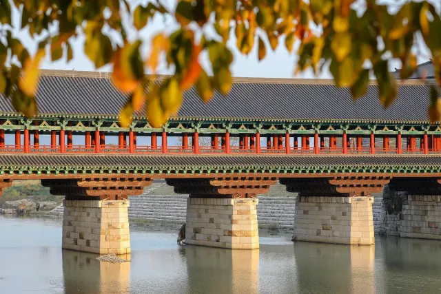 A covered wooden bridge on stone piers crossing a river, framed by autumn branches
