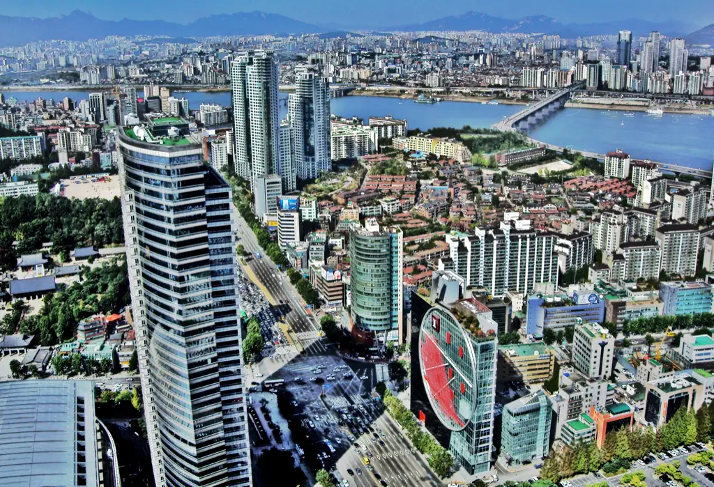 The towers of Samseong-dong in Gangnam from above, with the river behind