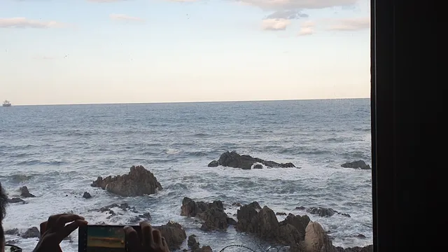 A view from a window onto a wavy sea and dark rocks, with a passenger taking a photo on a phone