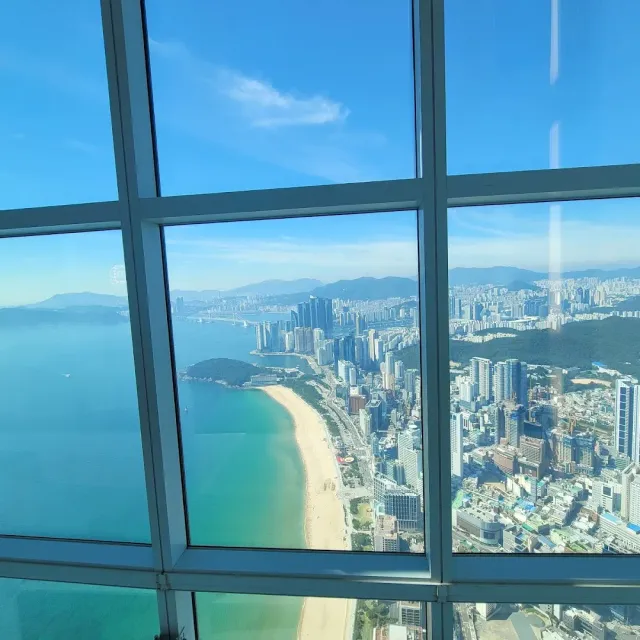 A view through tall windows onto a curving beach and a dense tower district