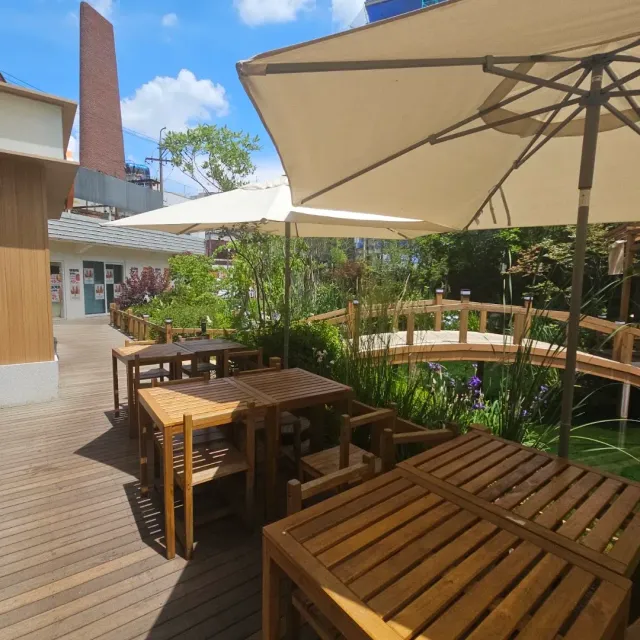 A wooden deck with pale parasols, tables and a green garden under a blue sky