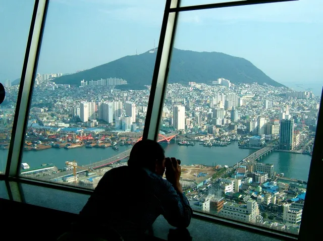 The view from an observation window over a busy harbour and a city below a mountain