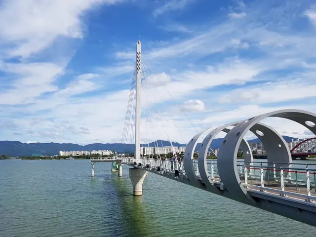 A pedestrian bridge with a white mast and metal rings, over wide water