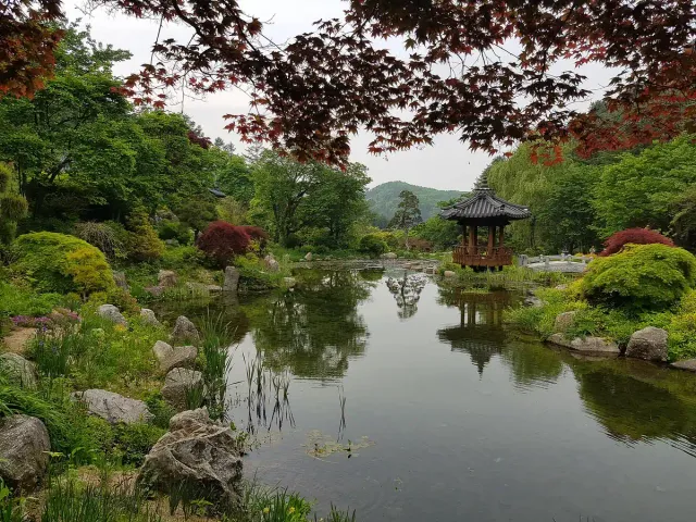 A still garden pond with a wooden pavilion and trees in autumn colour