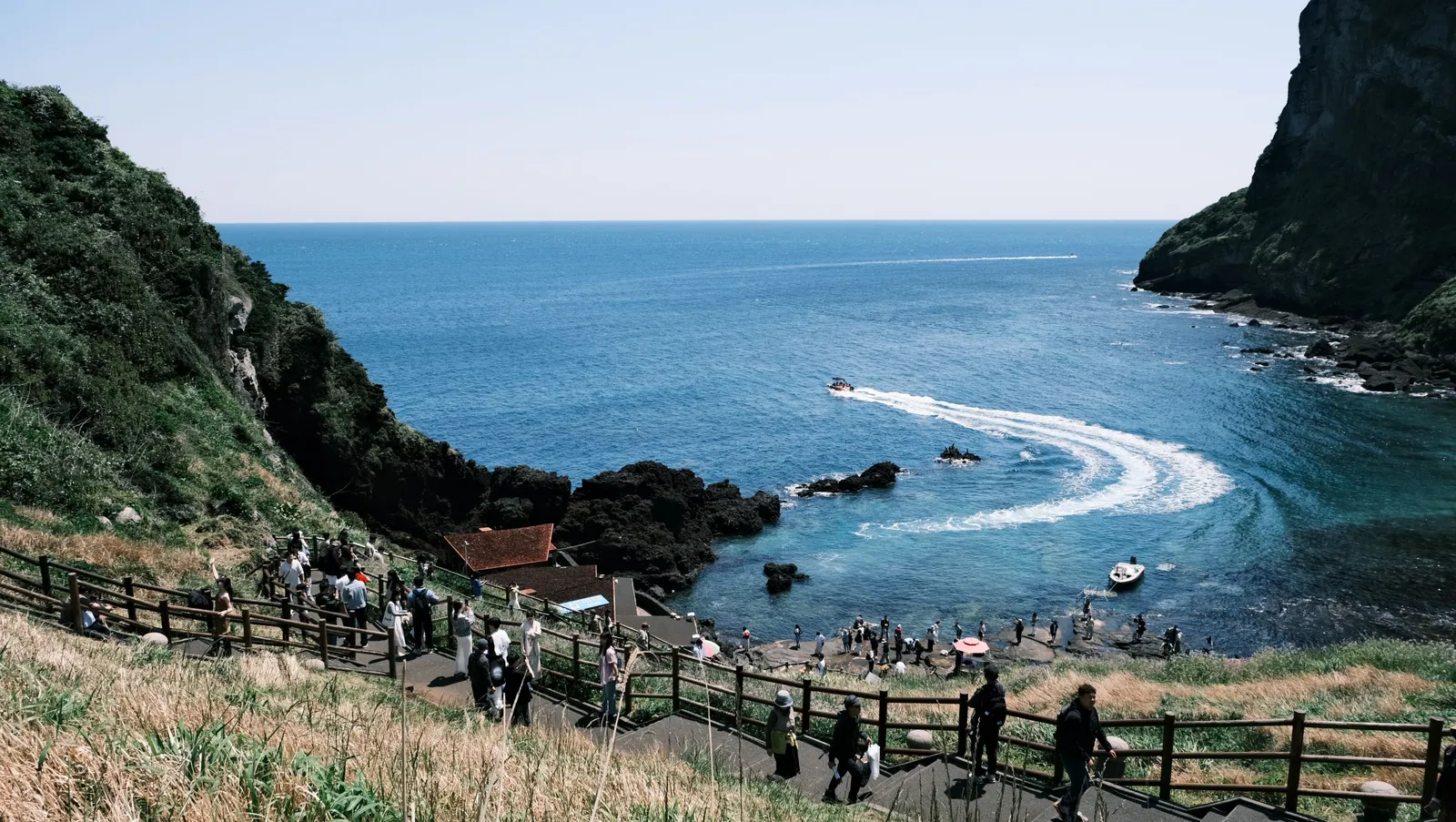 A rocky coastal viewpoint on Geoje Island overlooking the sea and cliffs, South Korea